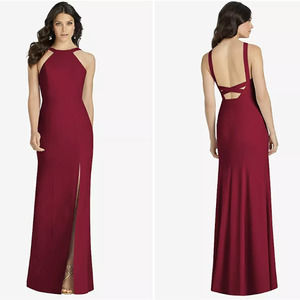 Dessy HIGH-NECK BACKLESS CREPE TRUMPET GOWN IN BURGUNDY - Size 16